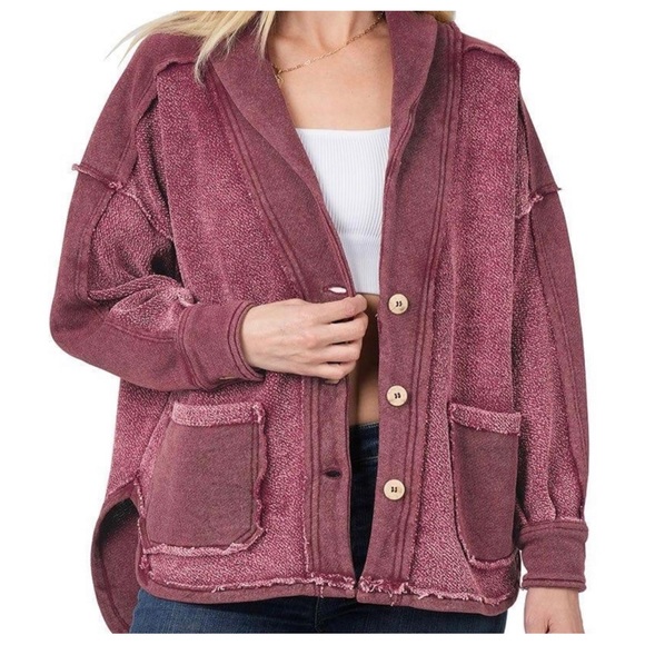 FRENCH TERRY BUTTON FRONT JACKET BURGUNDY - Picture 2 of 2